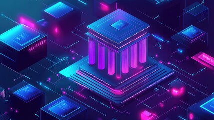 Aufkleber - Digital banking contracts executed via blockchain technology, with secure transactions shown on advanced interfaces in a high-tech financial ecosystem.