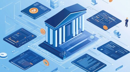 Aufkleber - Digital banking contracts executed via blockchain technology, with secure transactions shown on advanced interfaces in a high-tech financial ecosystem.