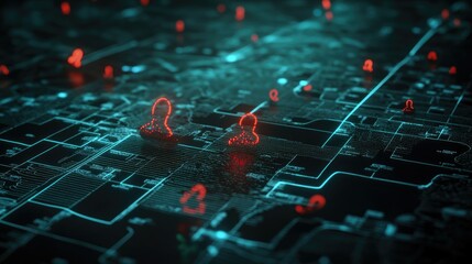 Poster - Futuristic digital map featuring footprints as destination markers, interconnected by dynamic data flows and information streams.