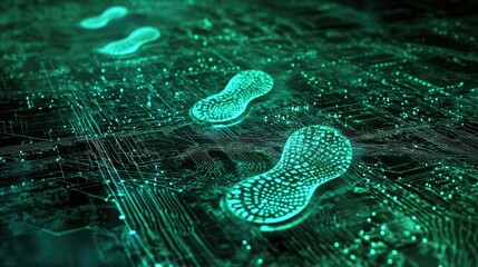 Poster - Futuristic digital map featuring footprints as destination markers, interconnected by dynamic data flows and information streams.