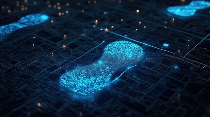 Poster - Futuristic digital map featuring footprints as destination markers, interconnected by dynamic data flows and information streams.