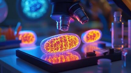 Poster - High-tech microscope revealing detailed, glowing mitochondria structures in a cell sample, as a scientist conducts biological research in a laboratory.