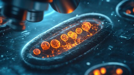 Poster - High-tech microscope revealing detailed, glowing mitochondria structures in a cell sample, as a scientist conducts biological research in a laboratory.