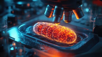 Poster - High-tech microscope revealing detailed, glowing mitochondria structures in a cell sample, as a scientist conducts biological research in a laboratory.
