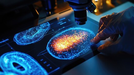 Poster - High-tech microscope revealing detailed, glowing mitochondria structures in a cell sample, as a scientist conducts biological research in a laboratory.