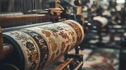 Aufkleber - Image of advanced machinery at work on a textile loom, creating precisely woven fabrics with detailed patterns and design.