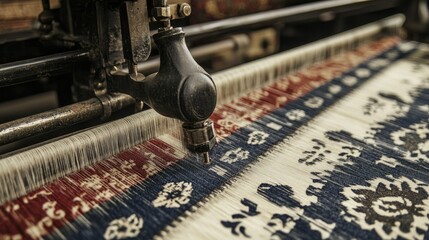 Aufkleber - Image of advanced machinery at work on a textile loom, creating precisely woven fabrics with detailed patterns and design.