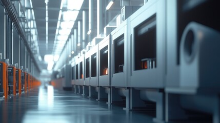 Poster - Industrial furnace room with multiple high-tech kilns arranged in a neat row, producing gypsum boards in a factory, with a focus on automation and precision.