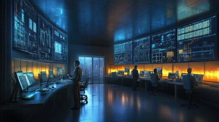 Poster - Inside a modern control room, engineers manage industrial and power systems using automated digital interfaces, optimizing operations for maximum efficiency.