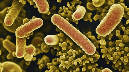 Poster - Magnified image of Streptococcus bacteria cells under a microscope, illustrating their characteristic shape and impact on health.