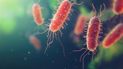Poster - Magnified microscopic shot of Salmonella bacteria, highlighting their shape and potential threat to food safety and public health.