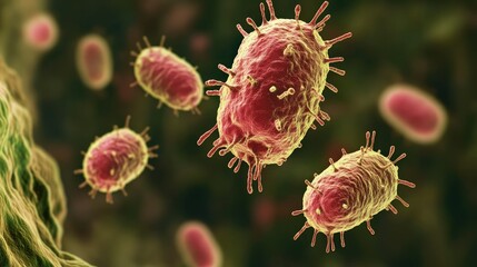 Poster - Magnified microscopic shot of Salmonella bacteria, highlighting their shape and potential threat to food safety and public health.