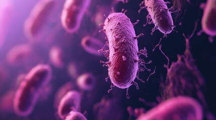 Poster - Magnified microscopic shot of Salmonella bacteria, highlighting their shape and potential threat to food safety and public health.