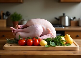 Aufkleber - A wooden board displays raw turkey and various cooking ingredients, set against a simple yet functional wooden kitchen background.