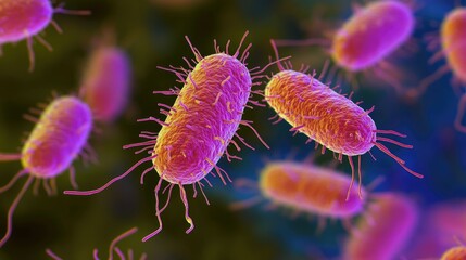 Poster - Microscopic image of Salmonella bacteria, emphasizing their role in foodborne illness outbreaks, with vivid color details of the cells.