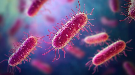 Poster - Microscopic image of Salmonella bacteria, emphasizing their role in foodborne illness outbreaks, with vivid color details of the cells.