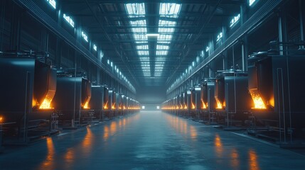 Poster - Rows of large industrial kilns used for drying and processing gypsum boards in a spacious factory warehouse, with glowing heat emissions and metal surfaces.