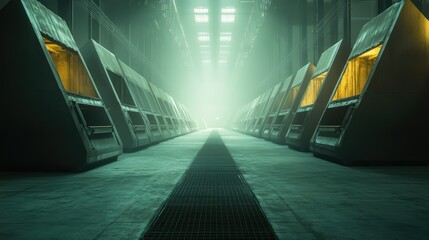 Poster - Rows of large industrial kilns used for drying and processing gypsum boards in a spacious factory warehouse, with glowing heat emissions and metal surfaces.