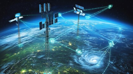 Poster - Schematic illustrating satellite communication in pager systems, showing how signals are transmitted wirelessly between towers and pager devices for effective messaging.