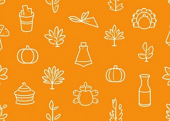 Poster - ange background featuring various Thanksgiving elements in a seamless pattern suitable for various uses including home decor and fashion designs.
