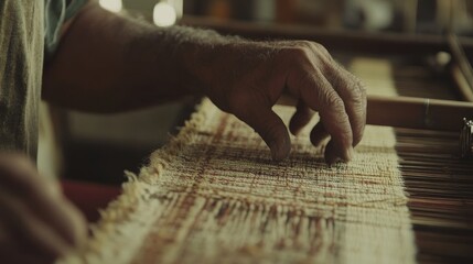 Poster - South American textile artisan working with handwoven threads, creating intricate designs on a traditional loom.