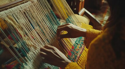 Poster - Traditional South American weaving techniques in action, with a skilled artisan creating intricate patterns and vibrant textile designs.