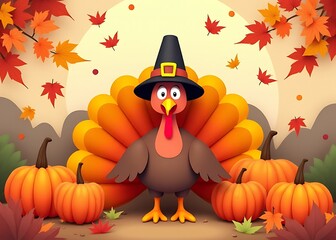 Wall Mural - Colorful fall themed Thanksgiving advertisement featuring a turkey in a hat surrounded by pumpkins and autumn leaves in a paper cut style design.