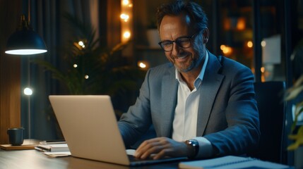 Aufkleber - A man is sitting at a desk with a laptop in front of him