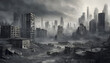 © Pipat - A melancholic surreal scene of a cityscape where every building is crumbling into dust, representing despair, futuristic, matte painting, muted grays.