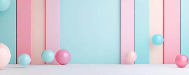 Wall Mural - A vibrant composition featuring pastel-colored spheres against a soft backdrop of pink and blue vertical stripes.