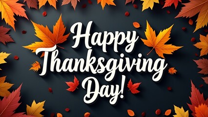 Poster - Happy Thanksgiving Day vector design features an isolated typography logo surrounded by autumn leaves on a chalk background in realistic style.