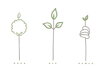 Aufkleber - lection of isolated vector illustrations featuring an organic seedling line, eco tree symbol, and human hand icon set against a white background.