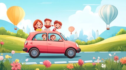  Family enjoying a road trip in a colorful landscape with balloons.