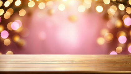 Wall Mural - blurred pink background with empty table and golden bokeh lights