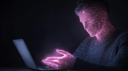 Poster - Glowing Humanoid AI Helper Interacting with Laptop in Digital Universe of Light and Data