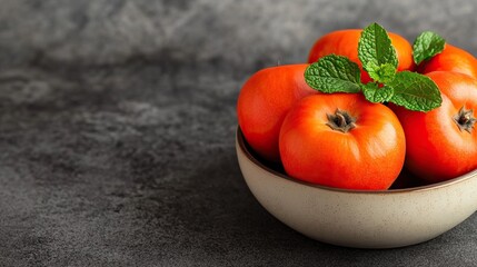 Wall Mural - A vibrant bowl of fresh, juicy persimmons garnished with mint leaves, set against a dark, textured background.