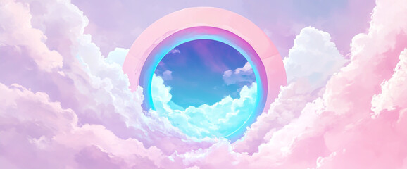Wall Mural - there is a circular tunnel made of white and pink fluffy cloud material that leads to another univer