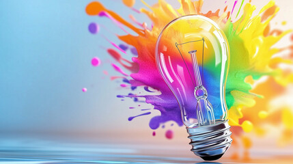 Poster - Light bulb with colorful splash background symbolizing creativity and innovation