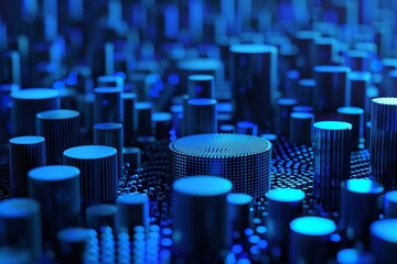 Poster - Abstract digital landscape with illuminated cylindrical structures in a vibrant blue hue