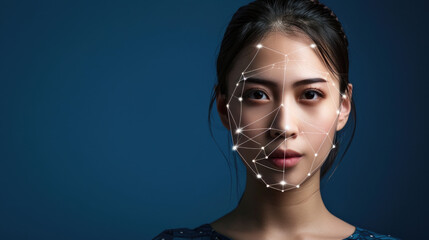 Face of Asian young woman with polygonal lines of facial recognition technology, portrait of person and data on dark blue background. Theme of identification, data