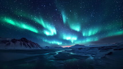 Wall Mural - Beautiful auroras accompanied a huge and beautiful starry sky. A starry sky conceals nothing. The picture should have layers, a sense of depth, a sense of detail, high-definition.