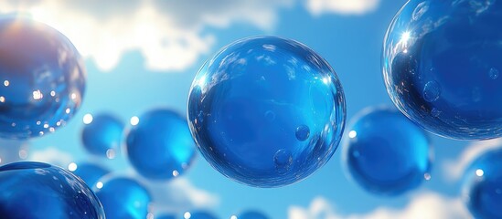 Poster - group of transparent blue spheres floating in a bright blue sky with soft white clouds creating a se