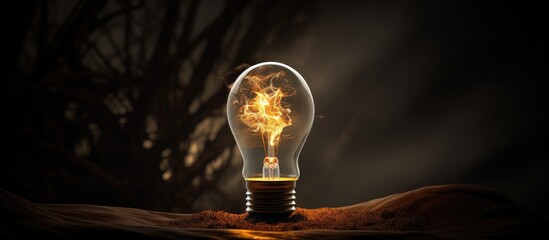 Poster - Illuminated light bulb emitting vibrant flames showcasing creativity and innovation in a dark atmospheric setting.