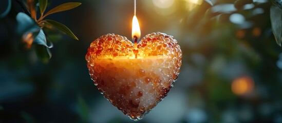 Poster - heart-shaped candle glowing softly, suspended in air, creating a warm ambiance amidst blurred green 