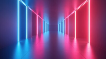 Poster - Depiction of a curved tunnel with LED lights illuminating the ceiling and reflections on a wet, dark street, designed for fast business technology and car advertising backgrounds.
