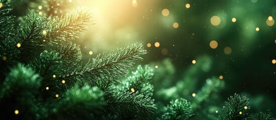 Poster - Abstract Christmas background featuring spruce branches illuminated by green light spots and soft bokeh effects for a festive atmosphere