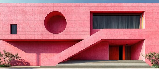 Poster - Modern architecture featuring vibrant pink brick facade with geometric accents and striking minimalist design elements.