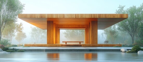 Poster - Modern architectural design featuring a square wooden structure with a minimalist rooftop surrounded by greenery and water reflections.