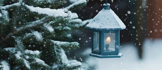 Poster - Christmas lantern glows softly amidst falling snowflakes beside a serene green fir tree creating a festive winter ambiance