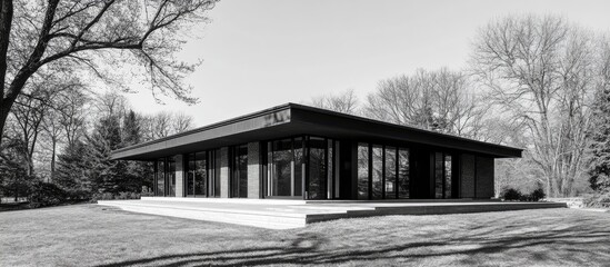 Poster - Modern black architecture showcased in a serene landscape with minimalist design and expansive glass features